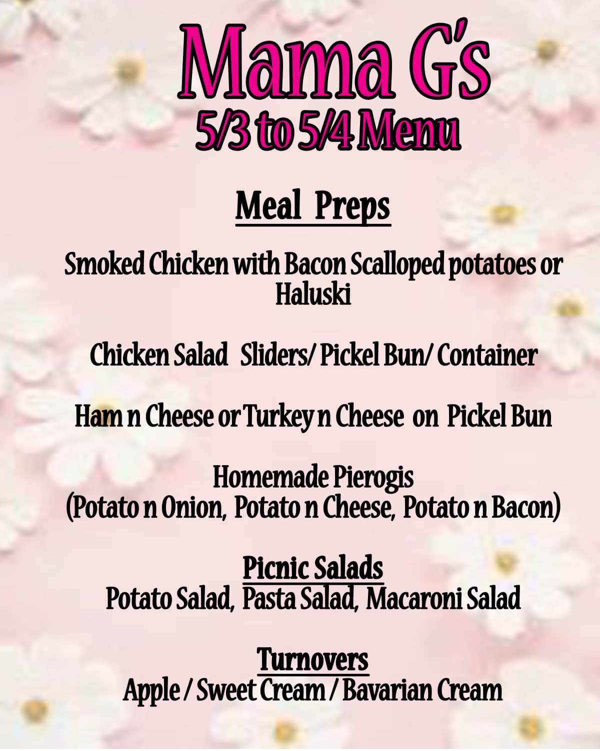 Mama G's Bakery Menu