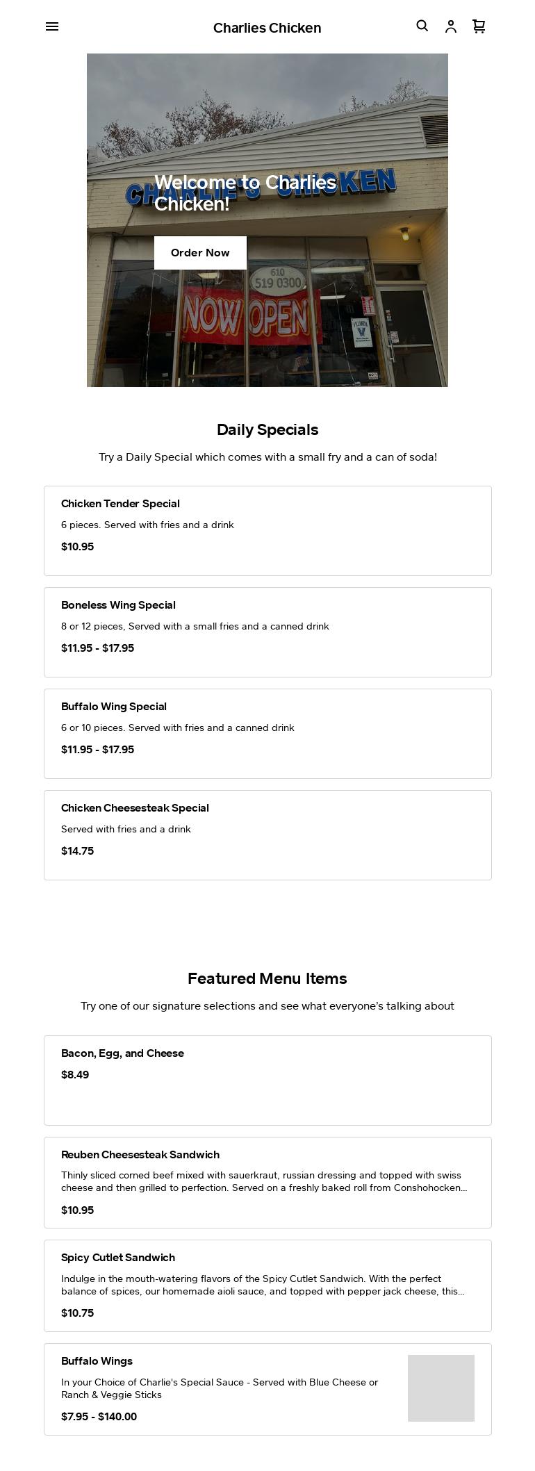 Charlie's Chicken Villanova Menu