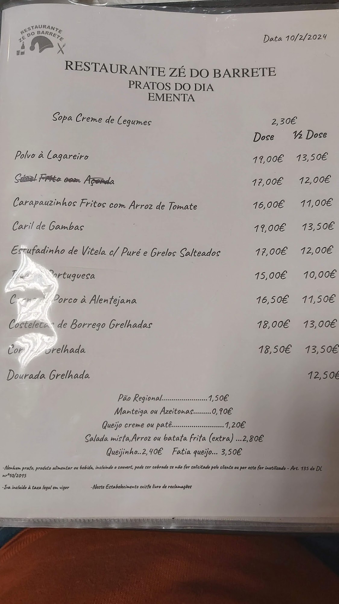 Restaurante Zé do Barrete Menu