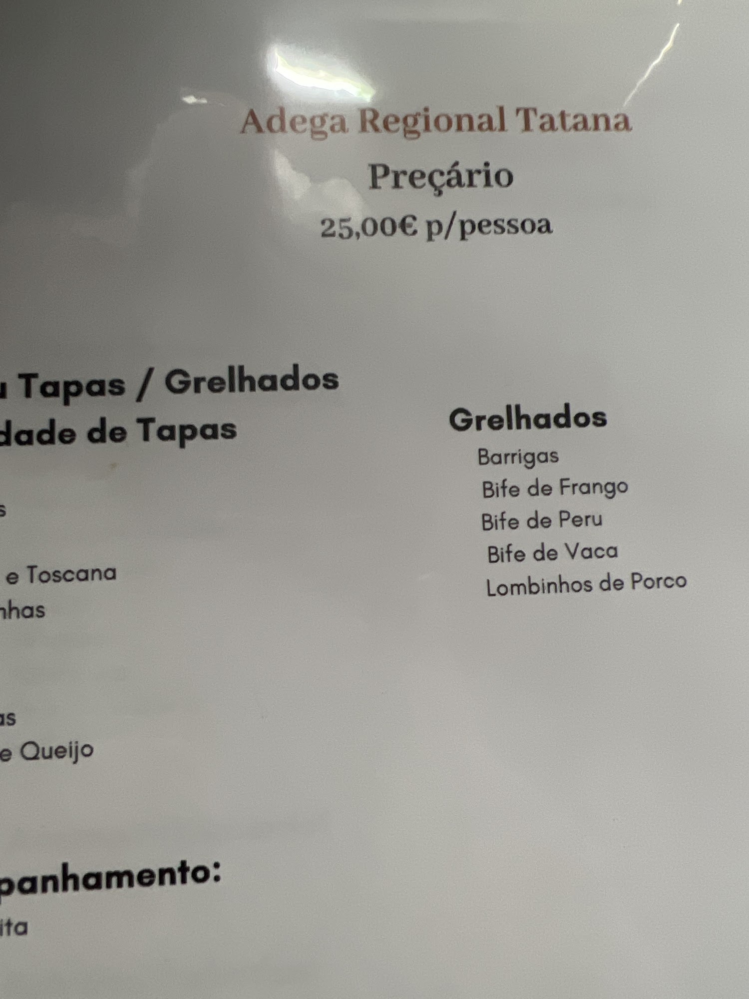 Adega Regional Tatana Menu