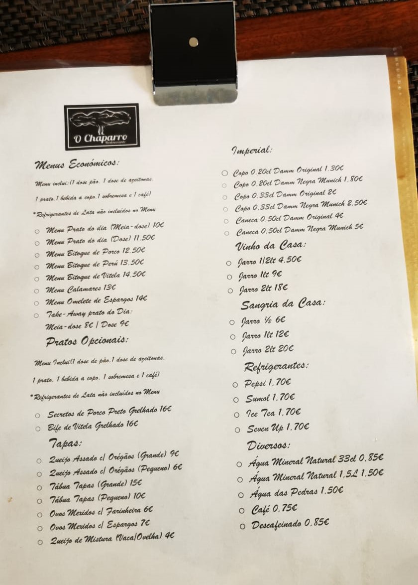 O Chaparro Menu