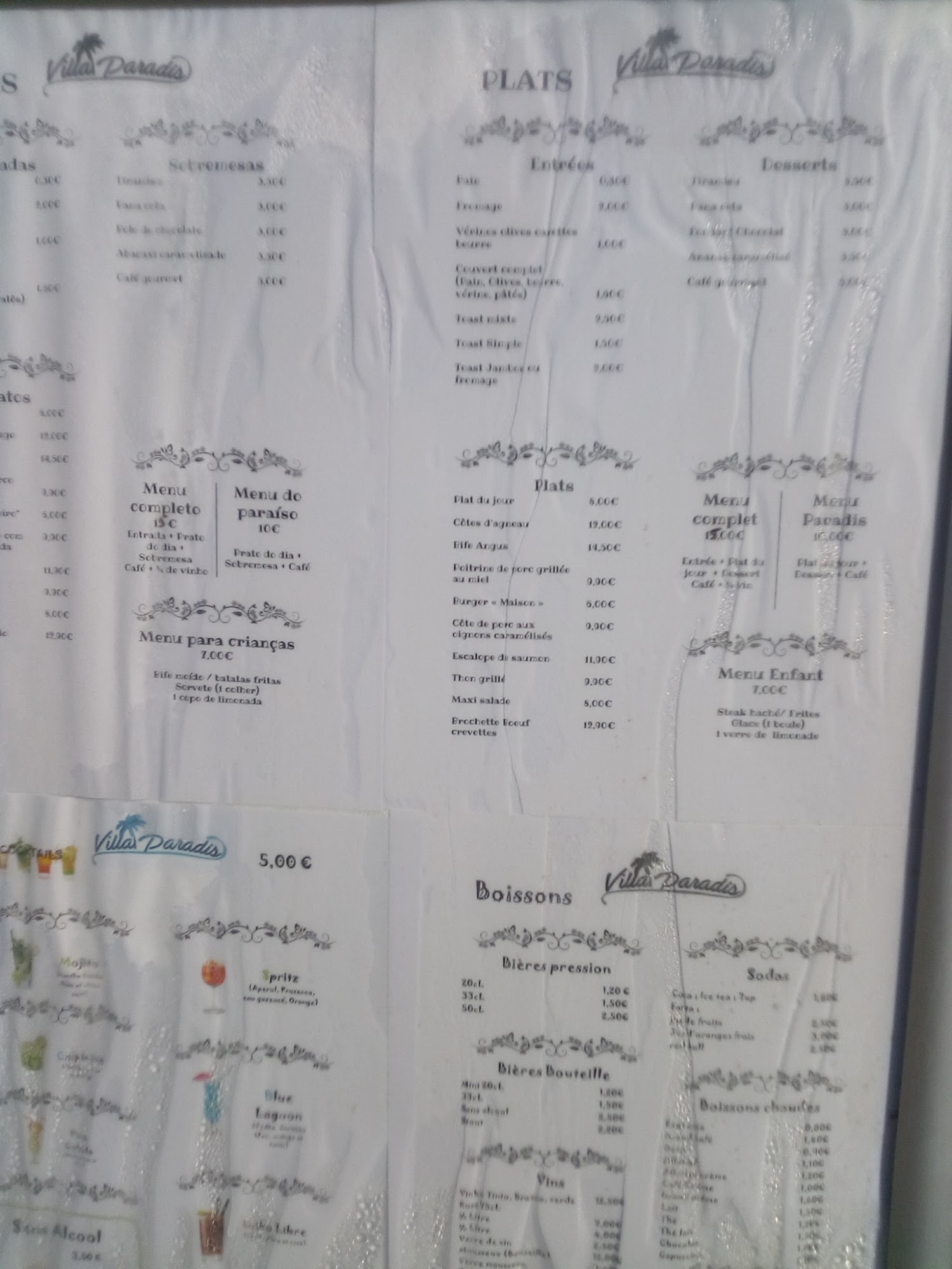 Villa Paradis Restaurant Menu