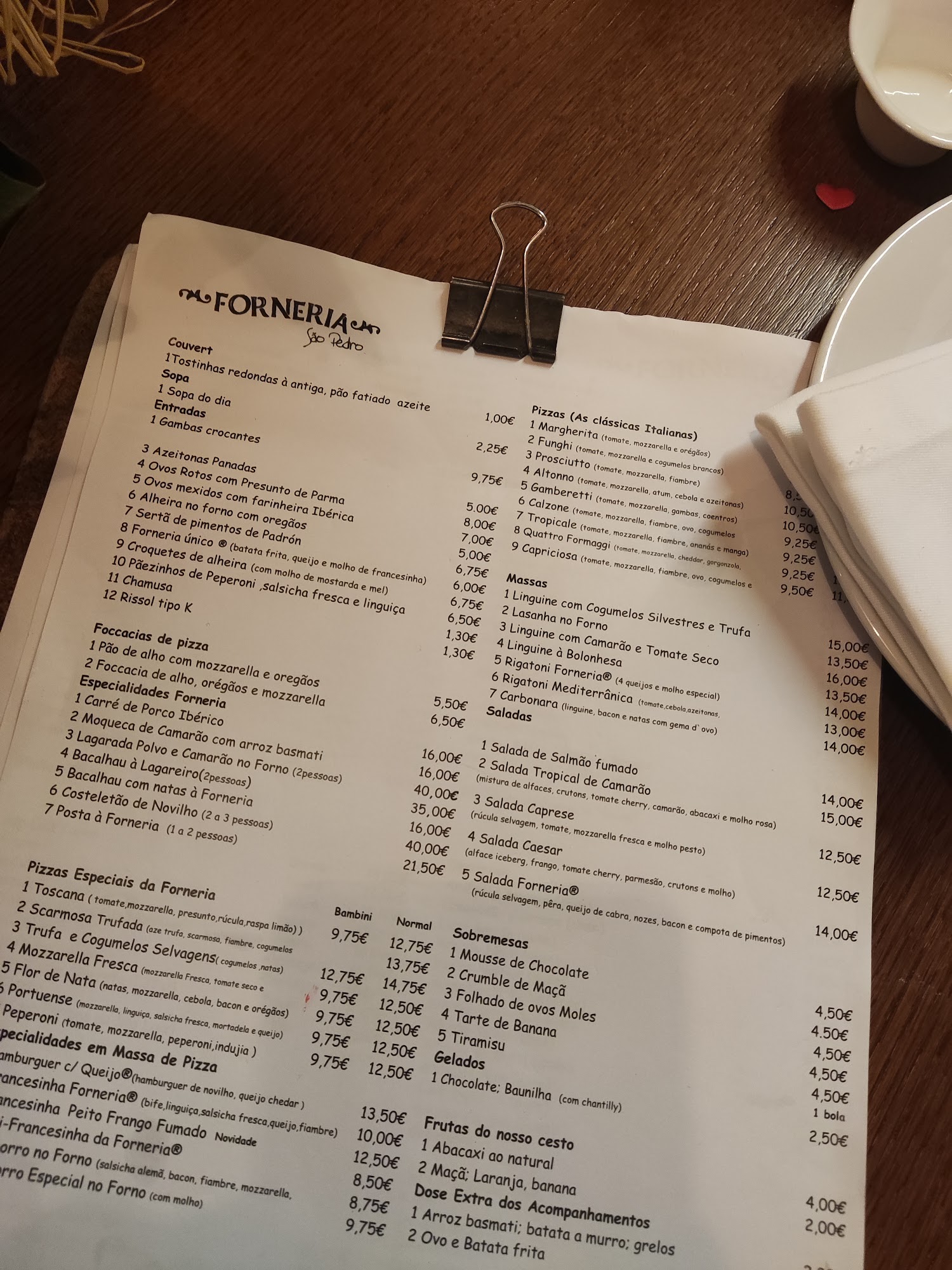 Forneria São Pedro Póvoa Menu