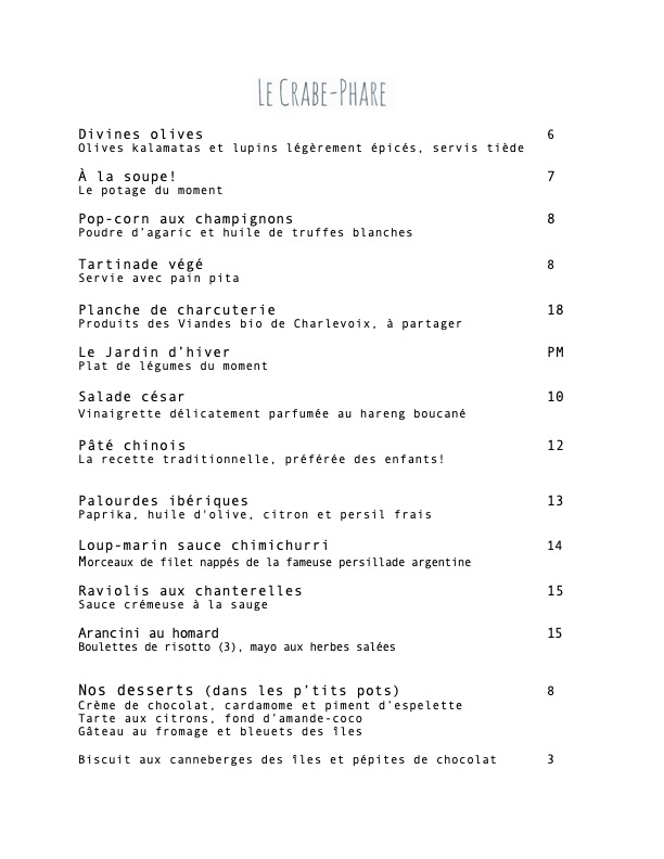 Le Crabe-Phare (La Buvette) Menu