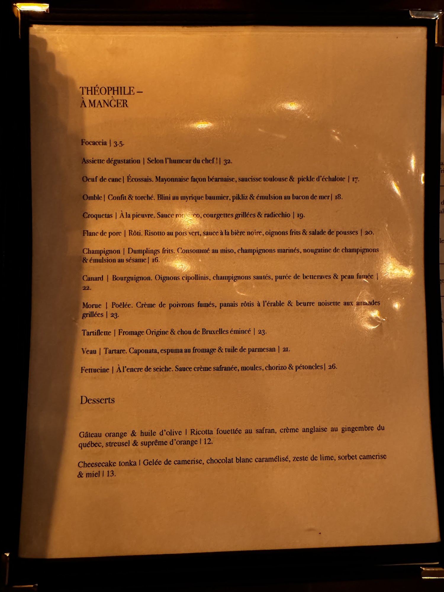 Le Théophile - Restaurant Menu