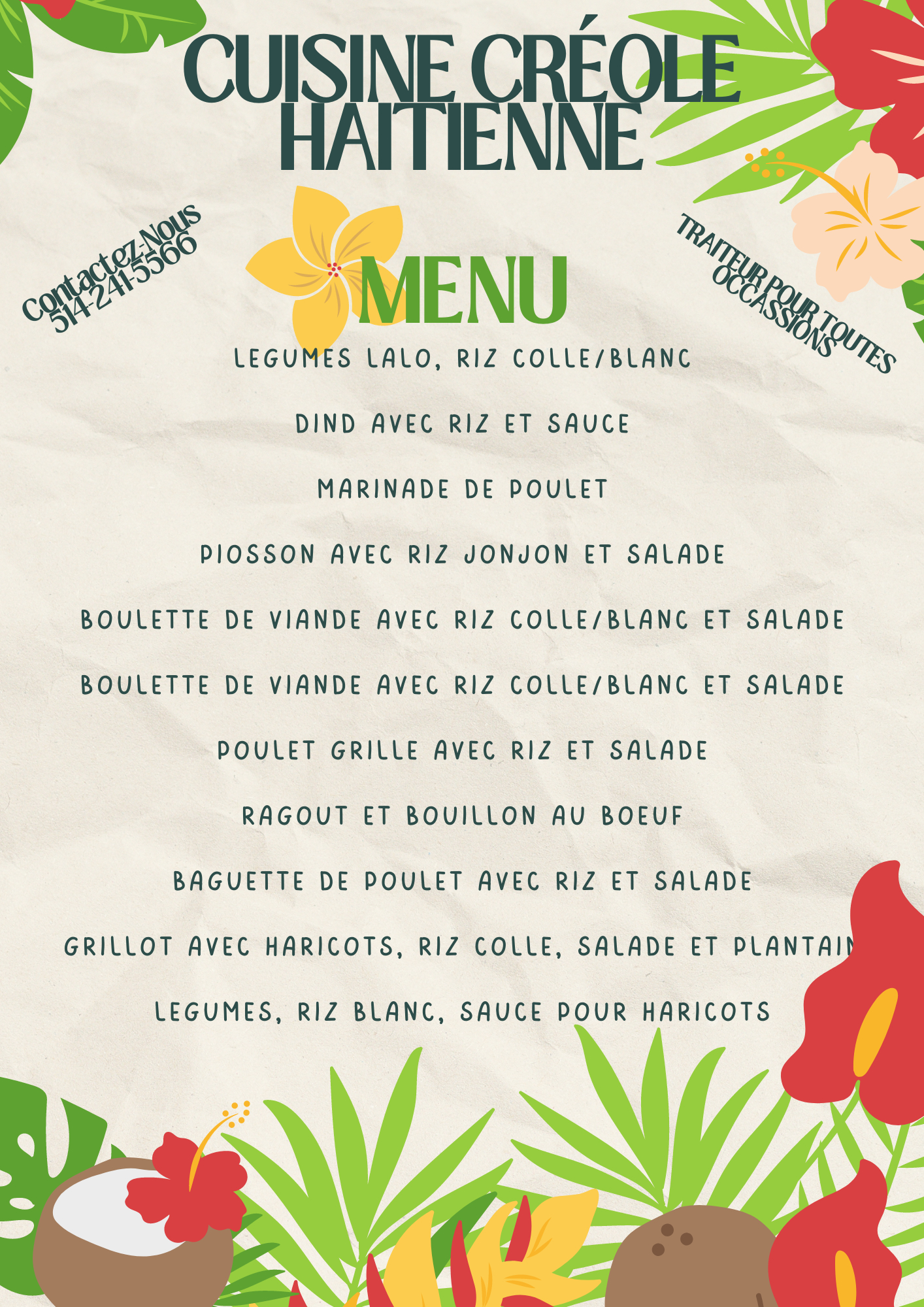 Service Traiteur Des Étoiles - Cuisine Créole Haïtienne - Plat Chaud Maison Menu