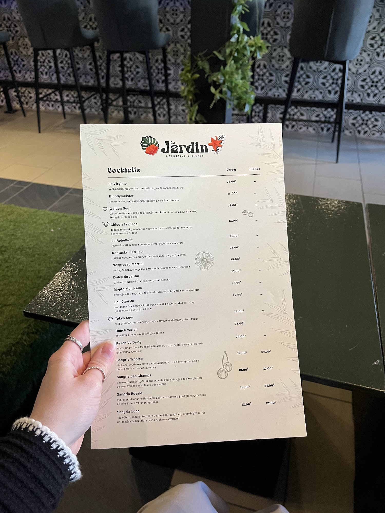 Le Jardin cocktails et bières Menu