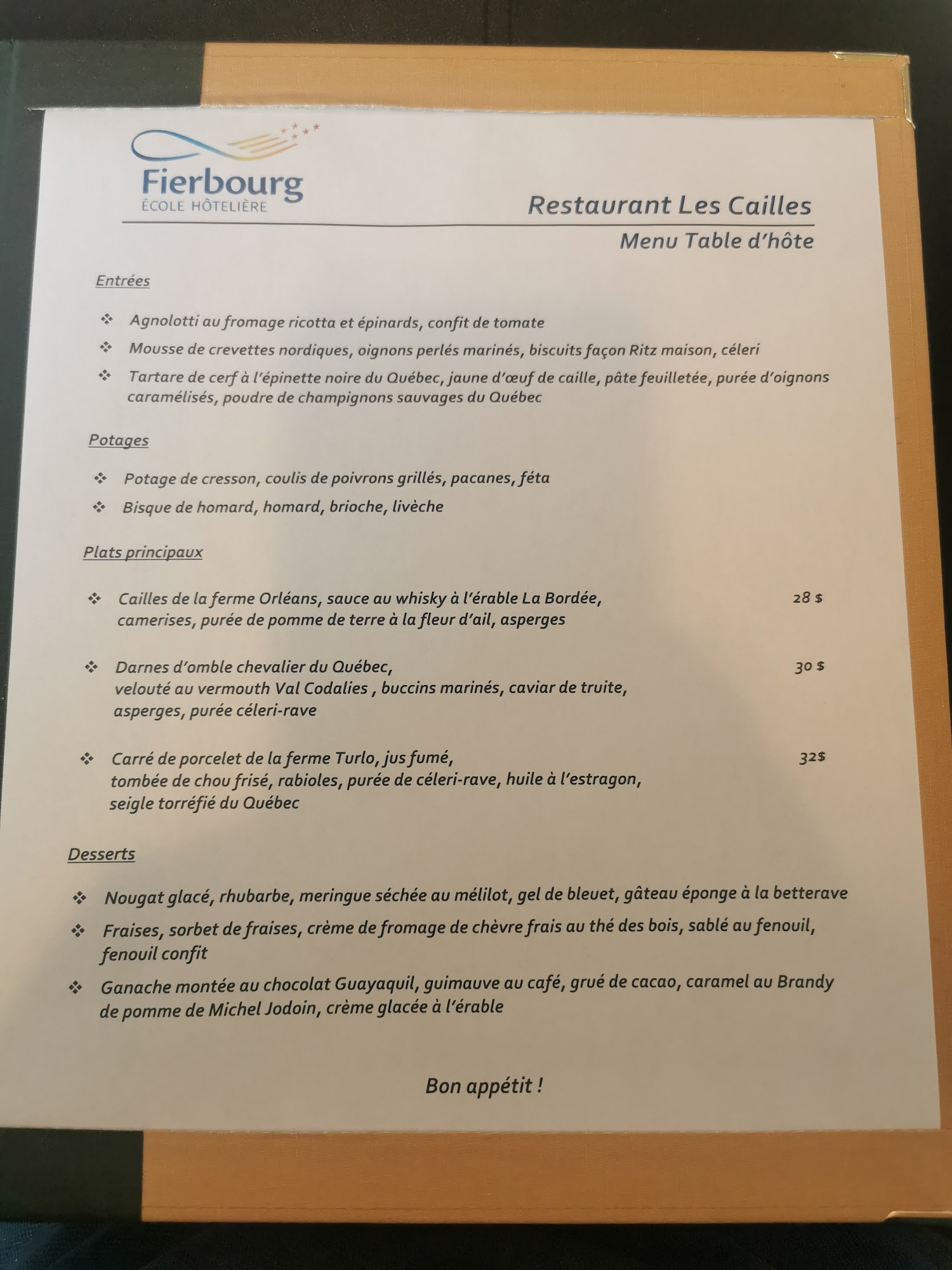 Restaurant Les Cailles Menu