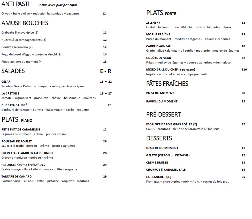 Calibré Cuisine Menu
