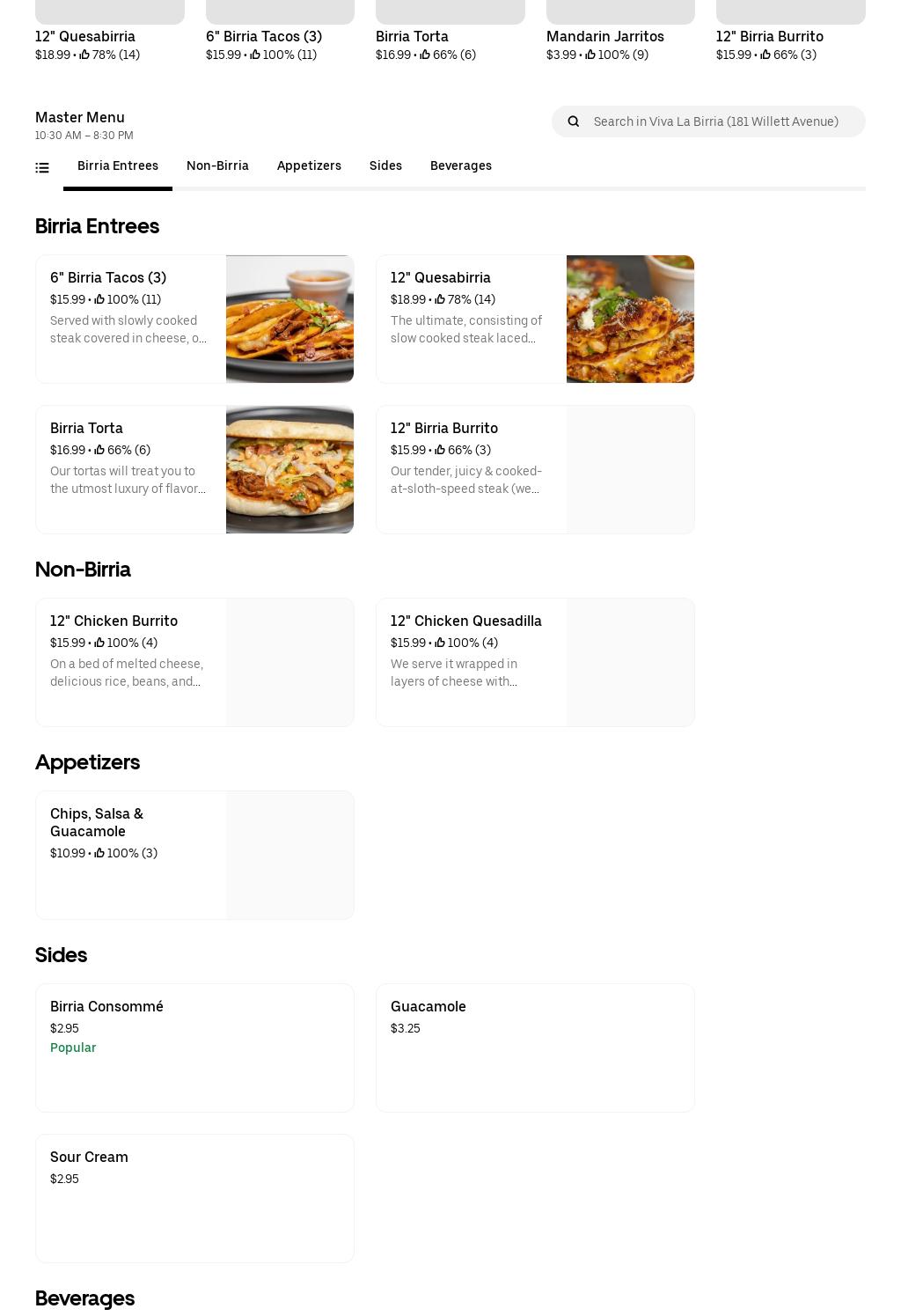 Viva La Birria Menu
