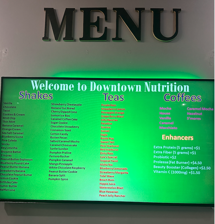 Downtown Nutrition Menu