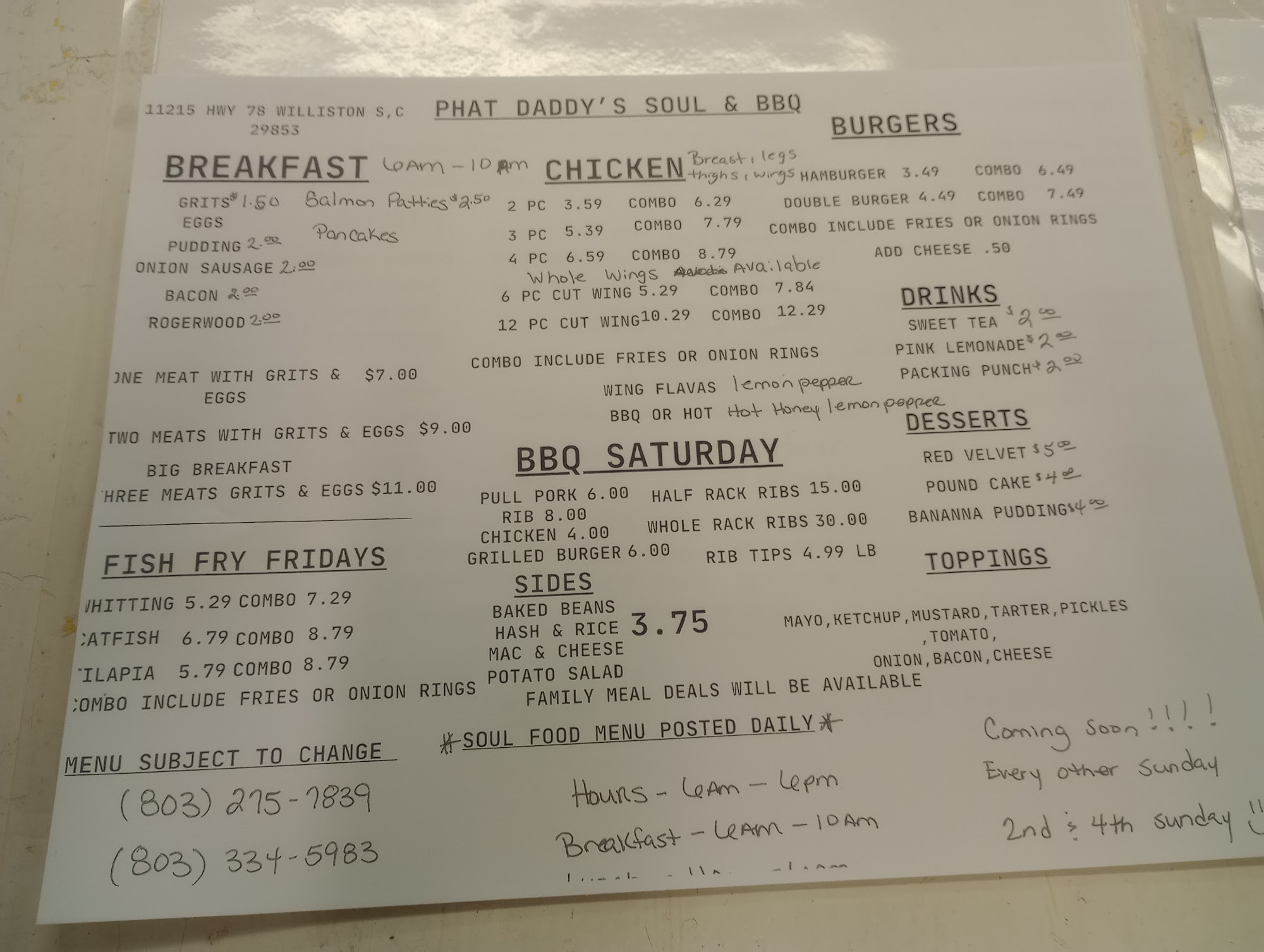 Phat Daddy's Soul And BBQ Menu