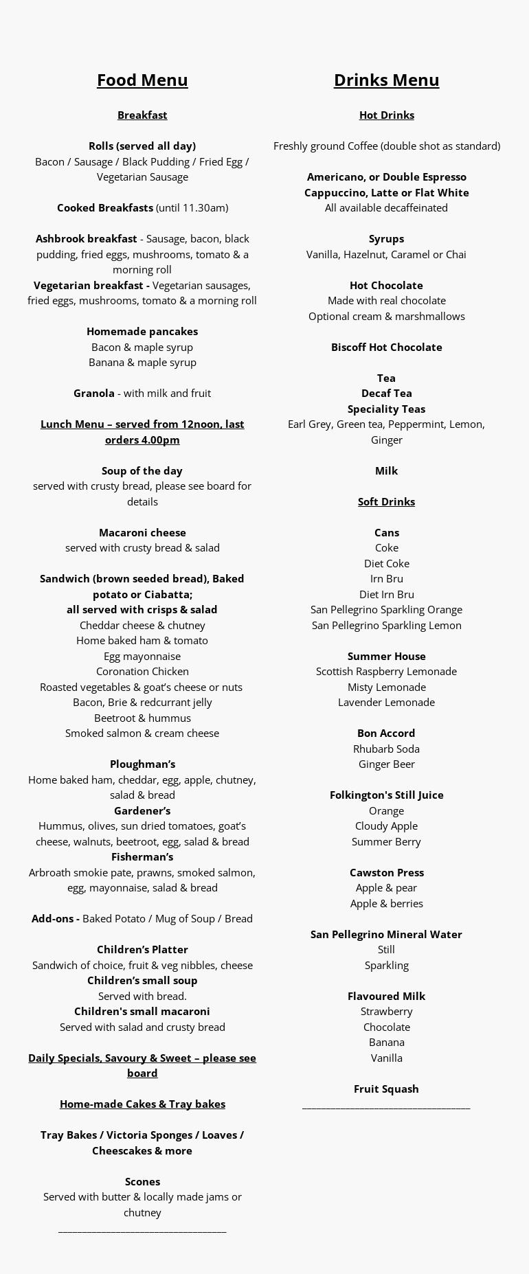 The Cafe @ Ashbrook Nursery Menu
