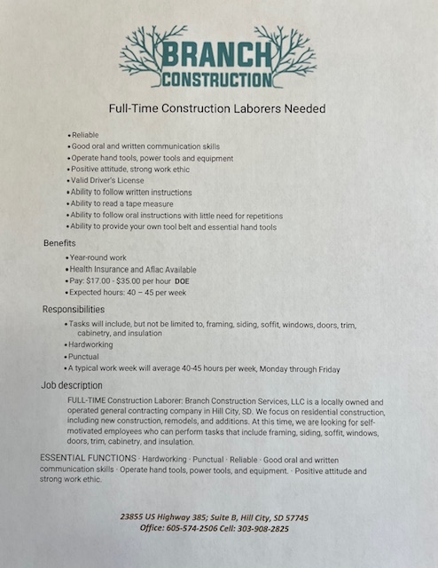 Branch Construction Services LLC 23855 US-385, Hill City South Dakota 57745