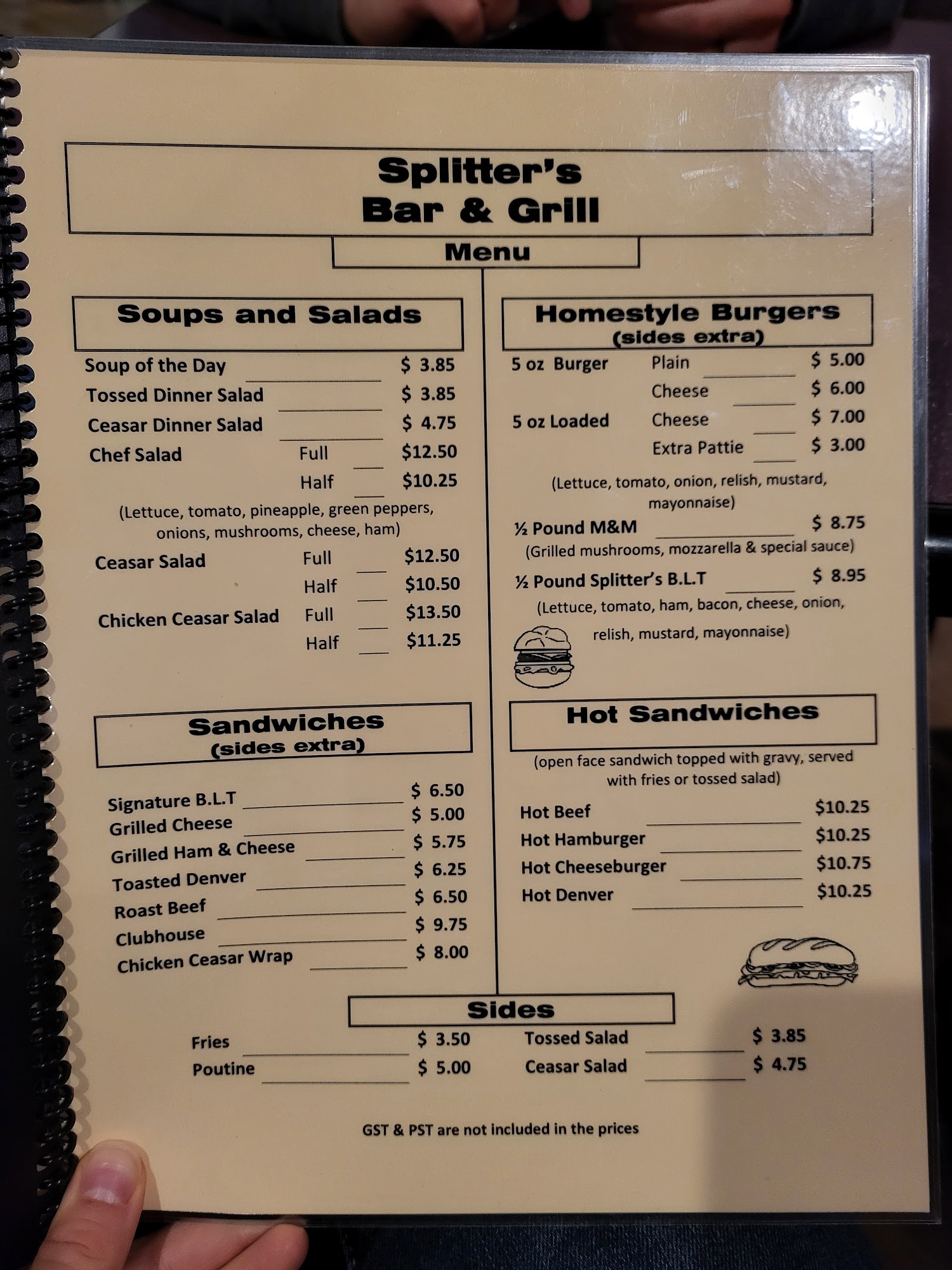 Splitter's Bar & Restaurant Menu