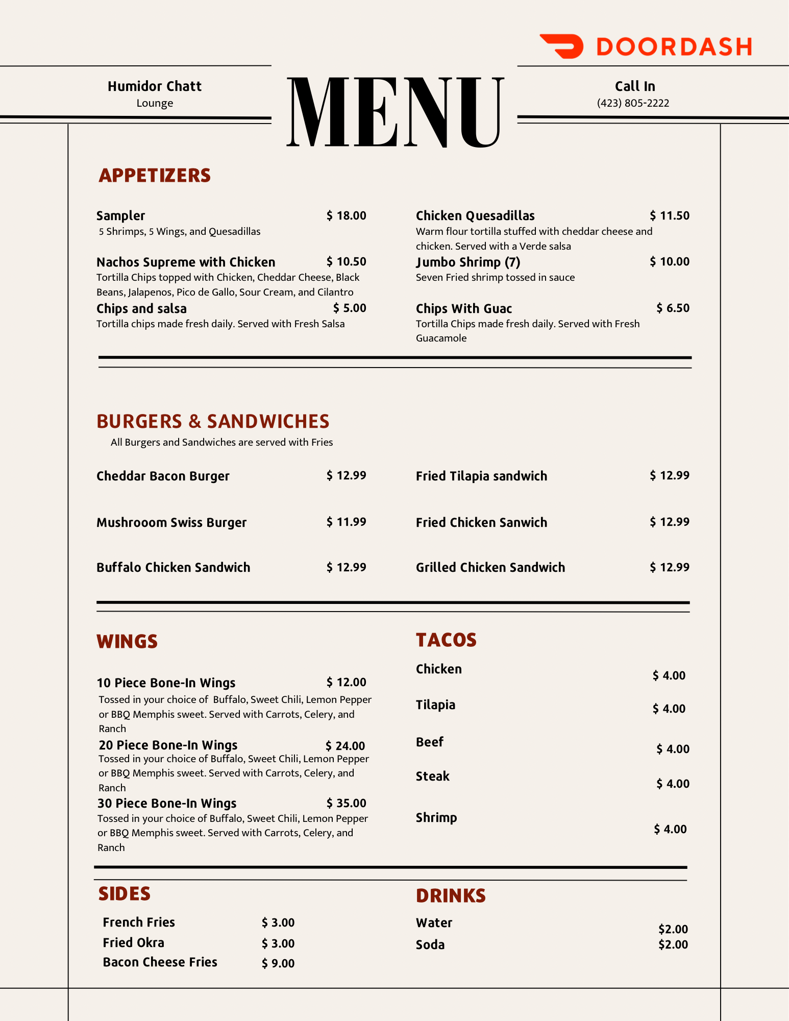 Humidor Cigar Bar and Lounge Menu