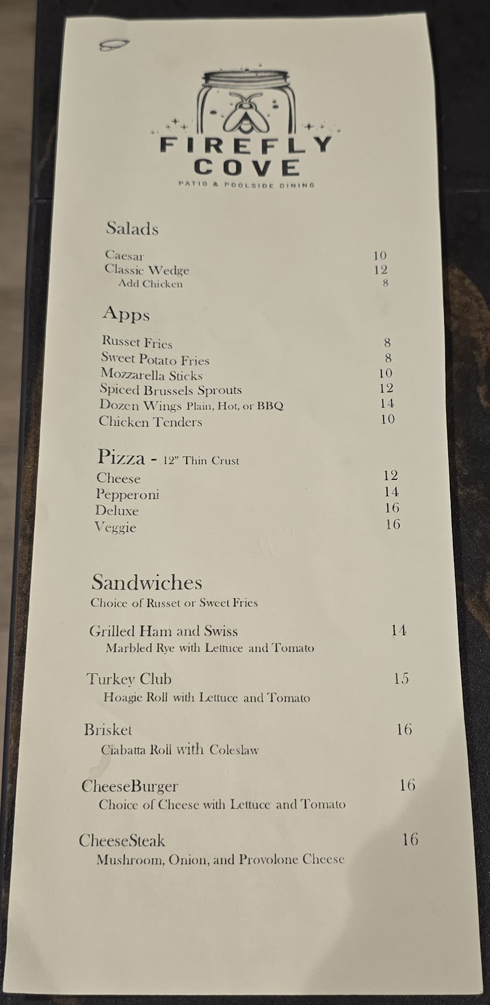 FIREFLY COVE Menu