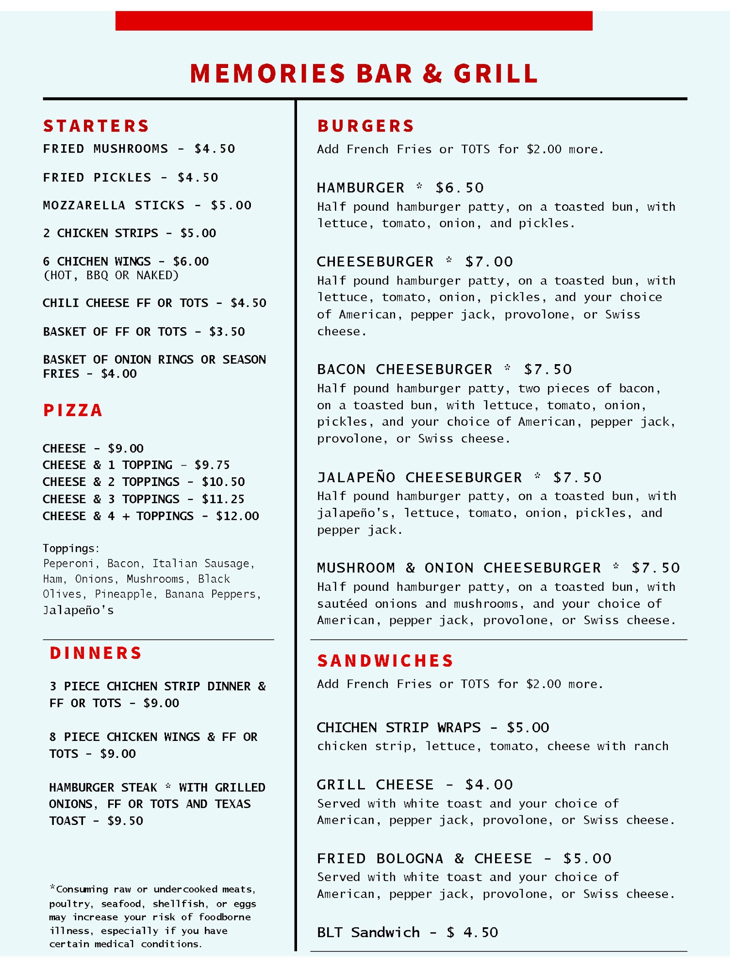 Memories Bar & Grill Menu