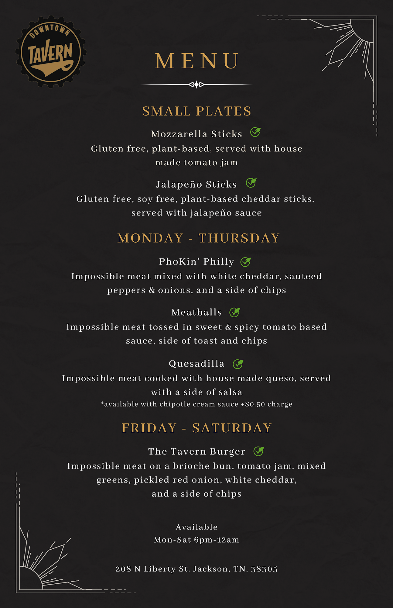 The Downtown Tavern Menu
