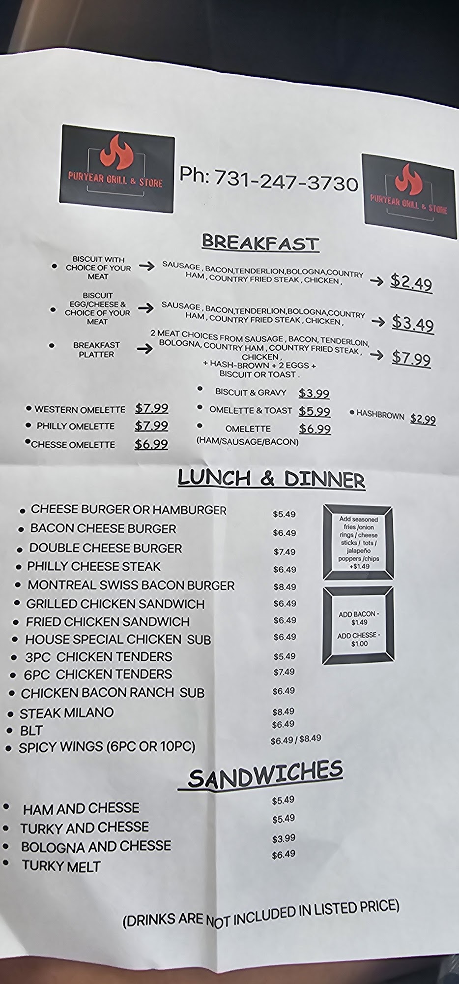 Puryear Grill and Store Menu