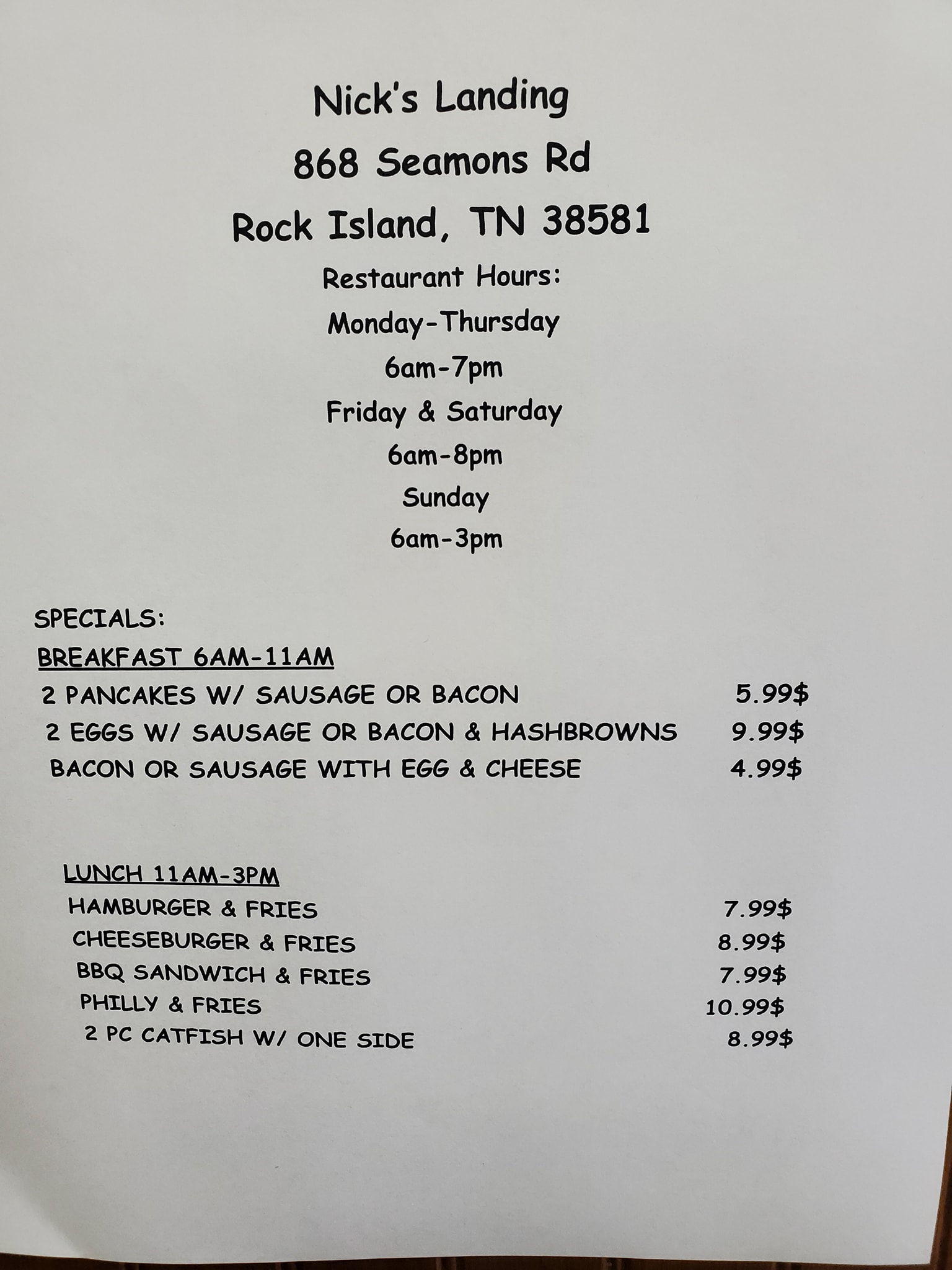 Nick’s Landing Menu