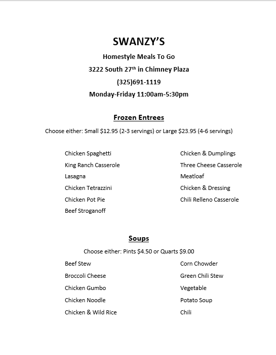 Swanzy's Homestyle Meals Menu