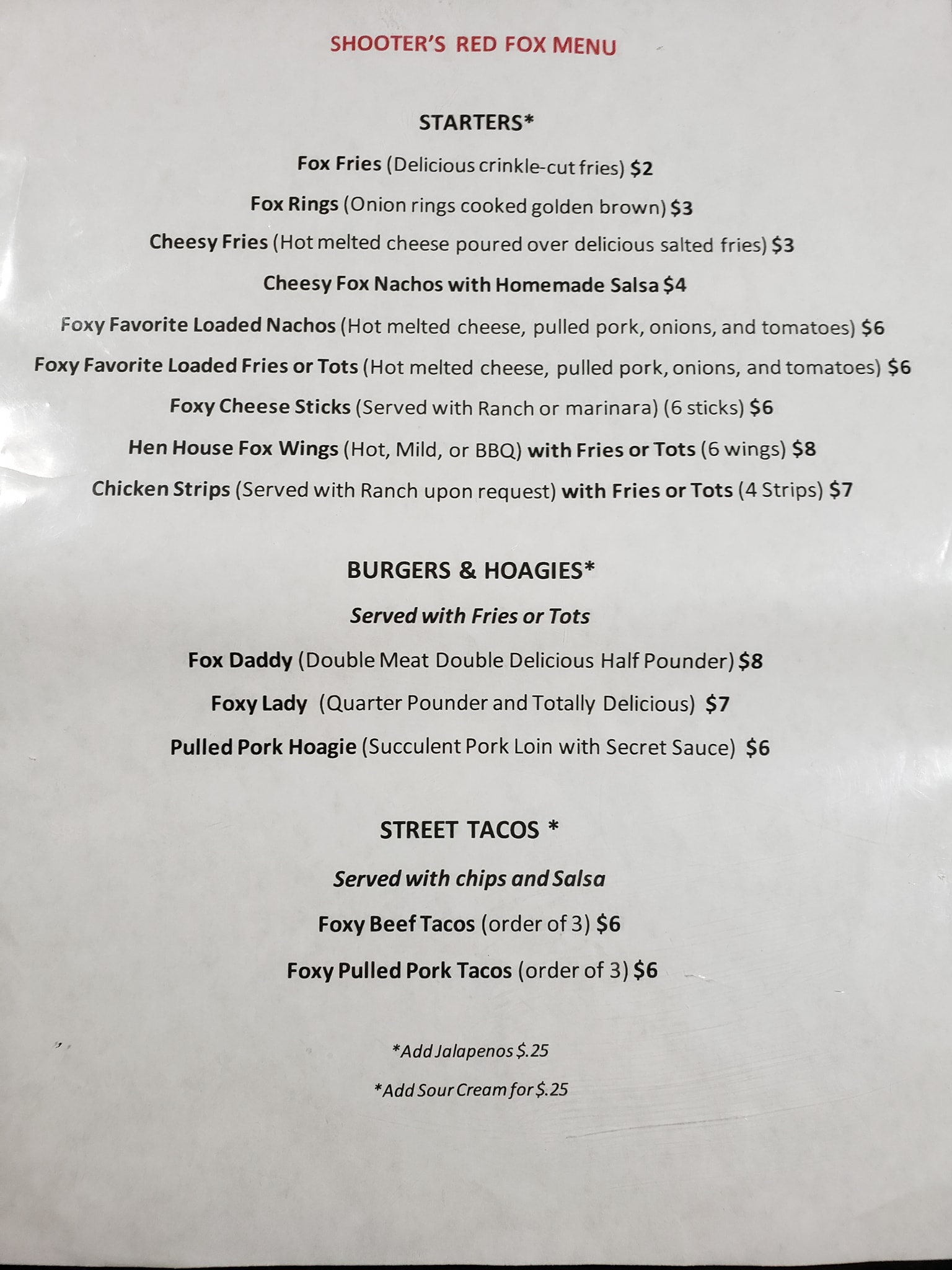 BLACK CROW BAR / RED FOX GRILL Menu