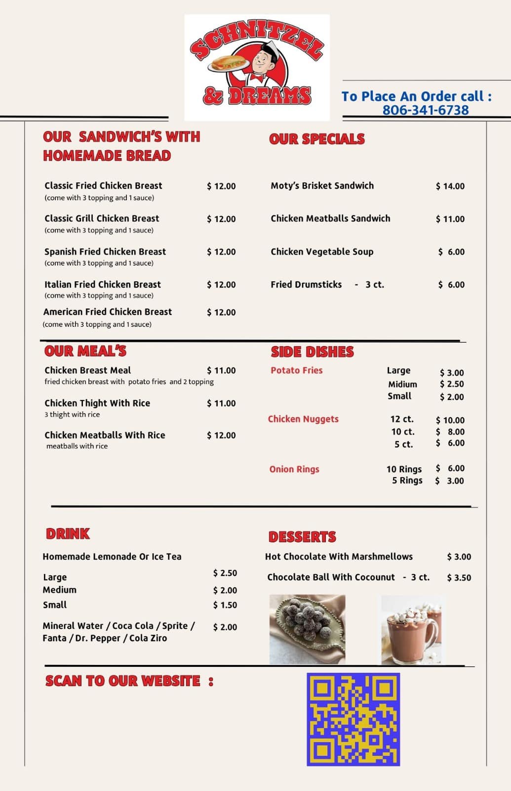 Schnitzel and dreams food trailer Menu