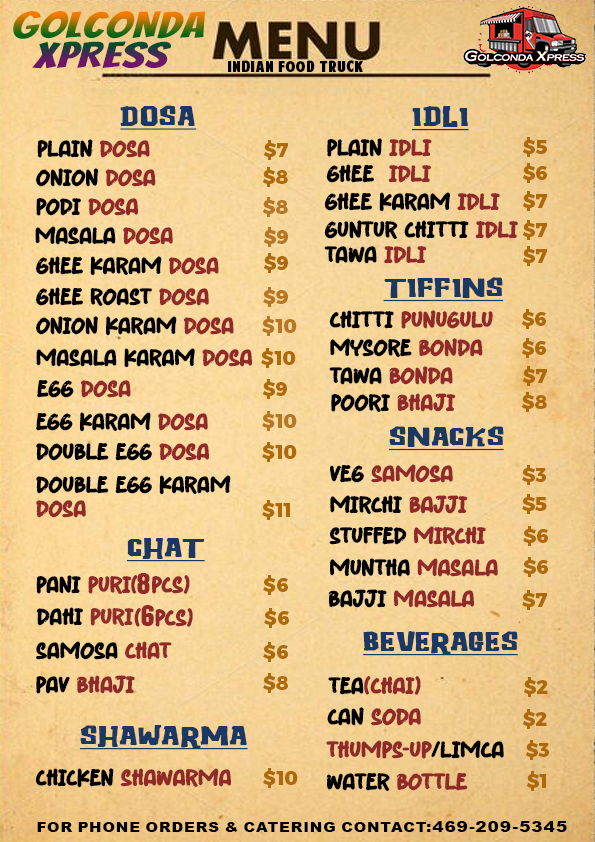 Golconda Xpress Indian Food Truck Menu