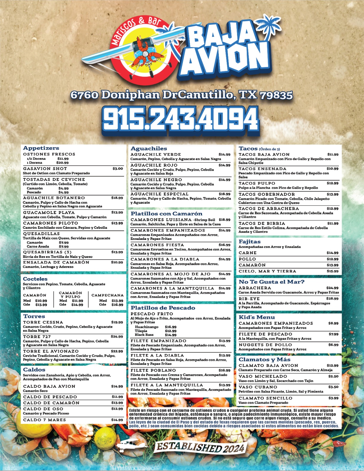 Baja Avion Mariscos & Bar Menu