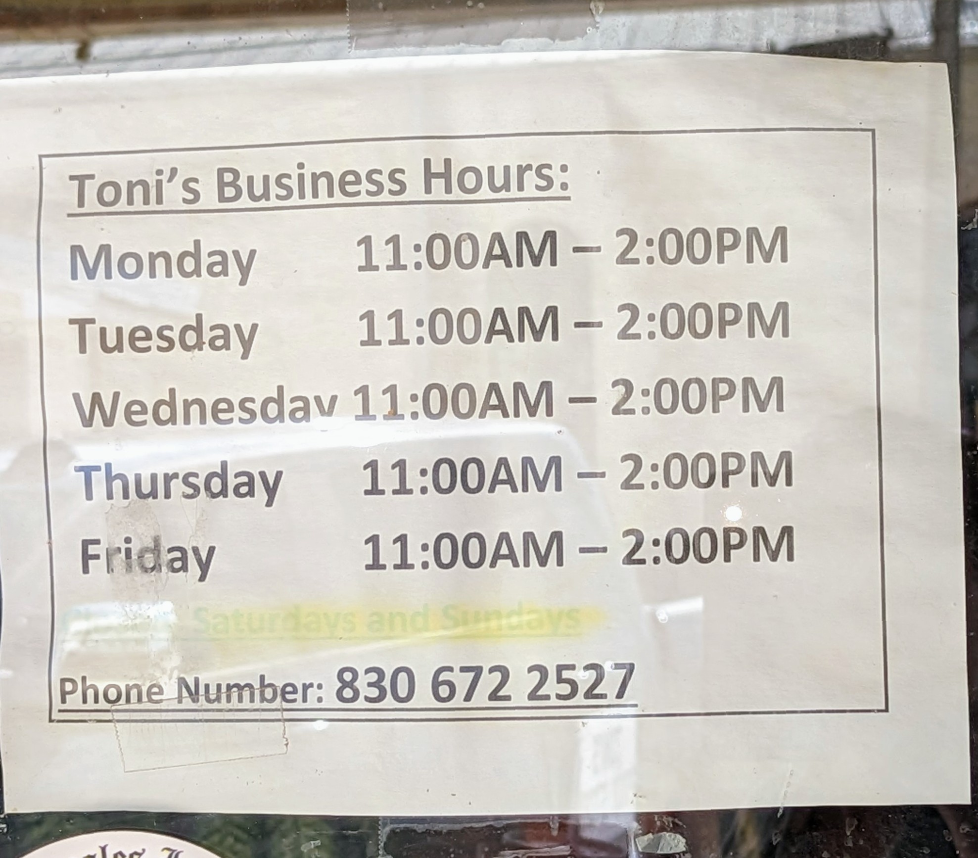 Toni's Food Store Menu