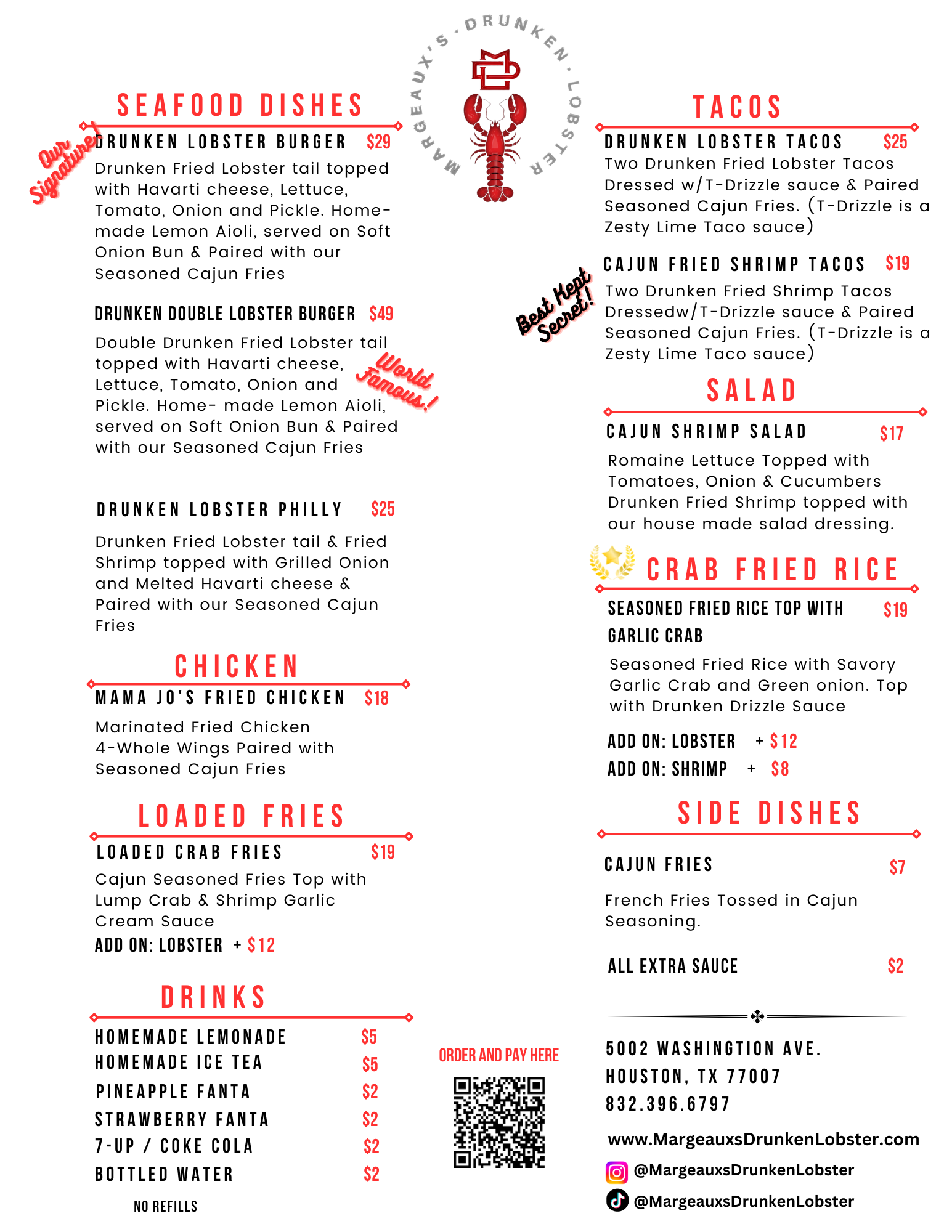 Margeaux's Drunken Lobster Menu