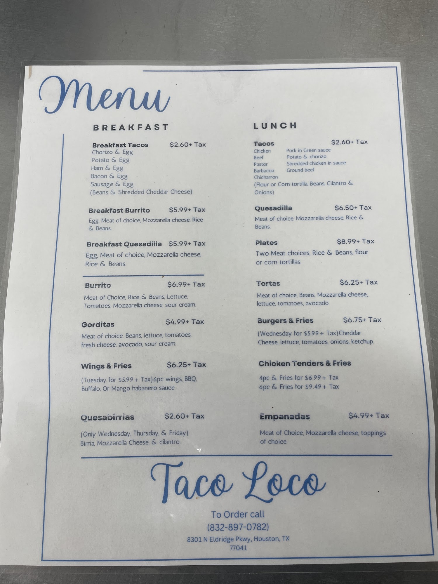 Taco Loco Menu
