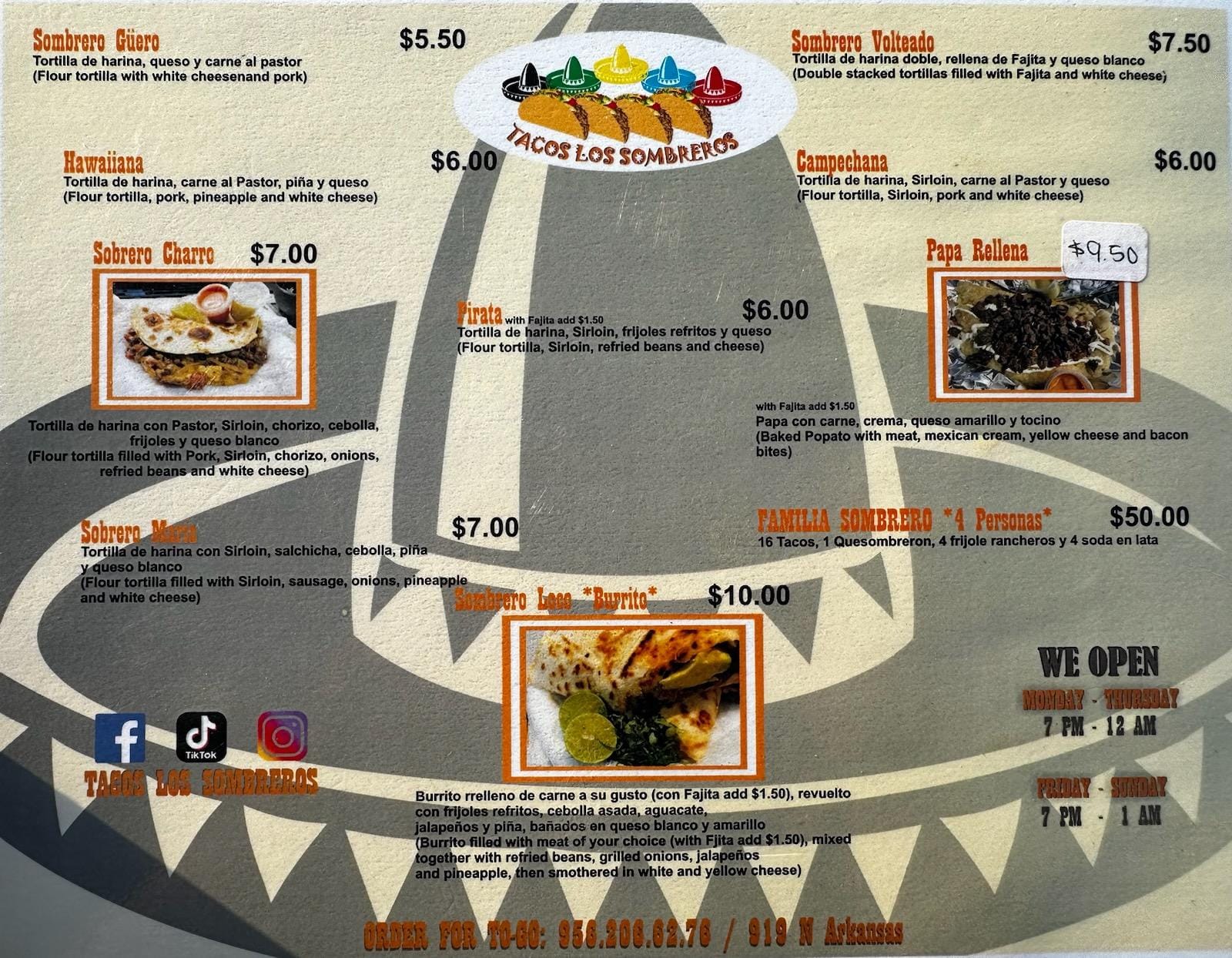 Tacos los sombreros Menu