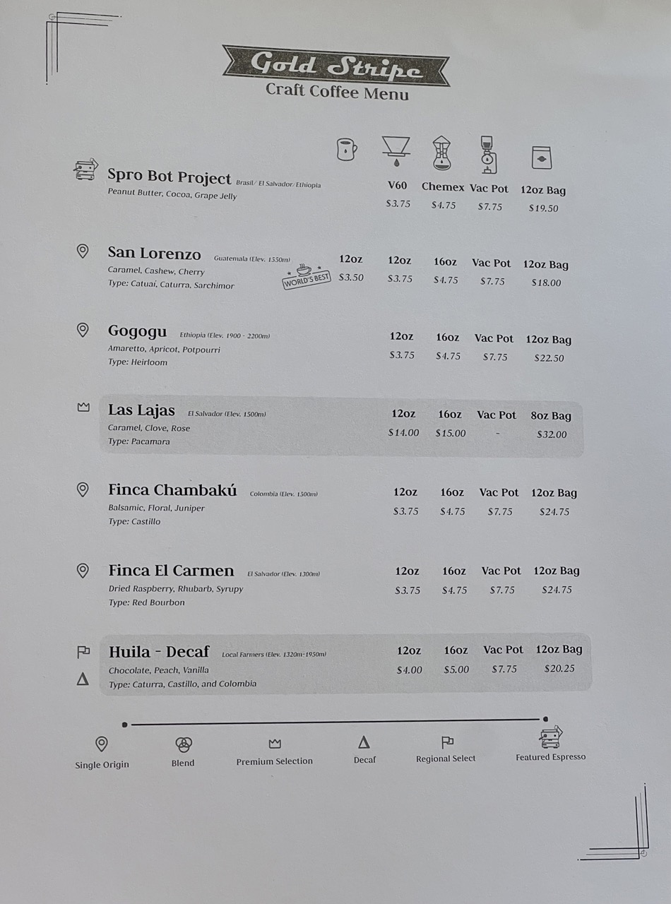 Gold Stripe Coffee Roasters Menu