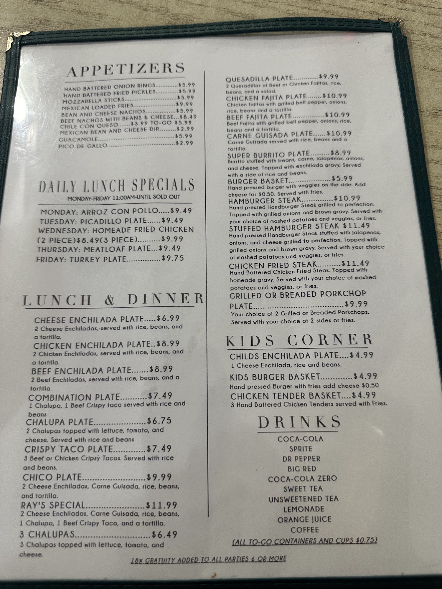 Ray’s Cafe Menu
