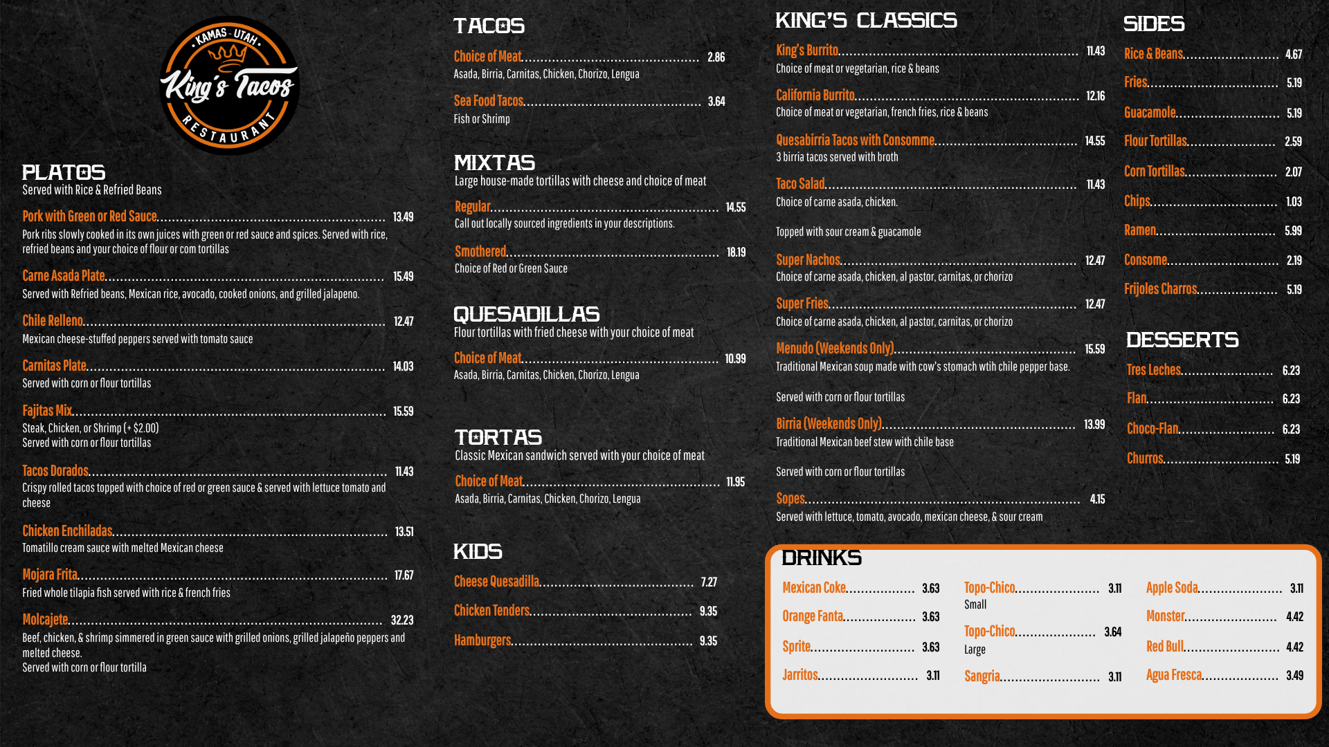 King's Tacos Menu