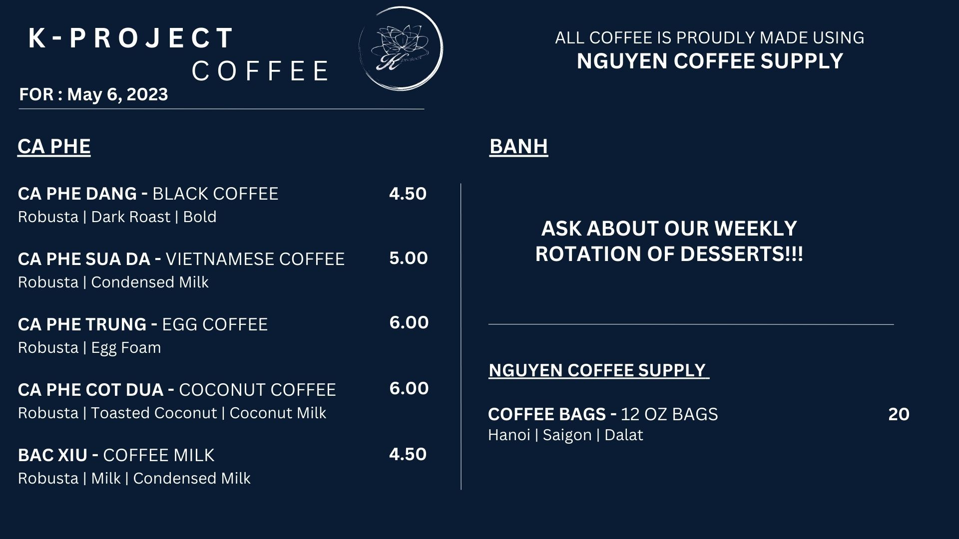 K Project Coffee Menu