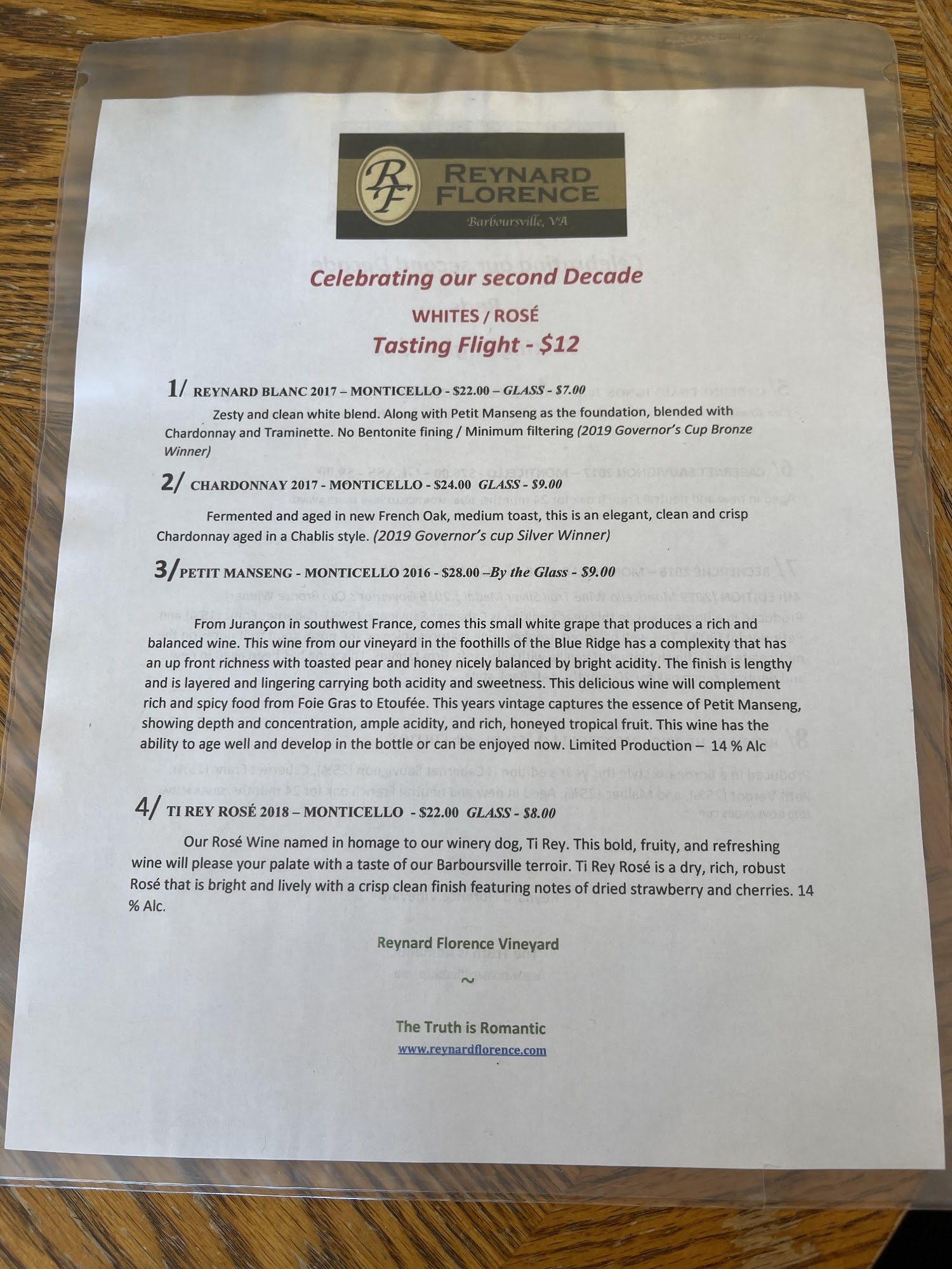 Reynard Florence Vineyard Menu