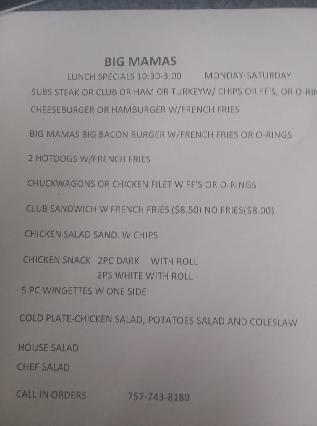 Big Mama's Country Restaurant Menu