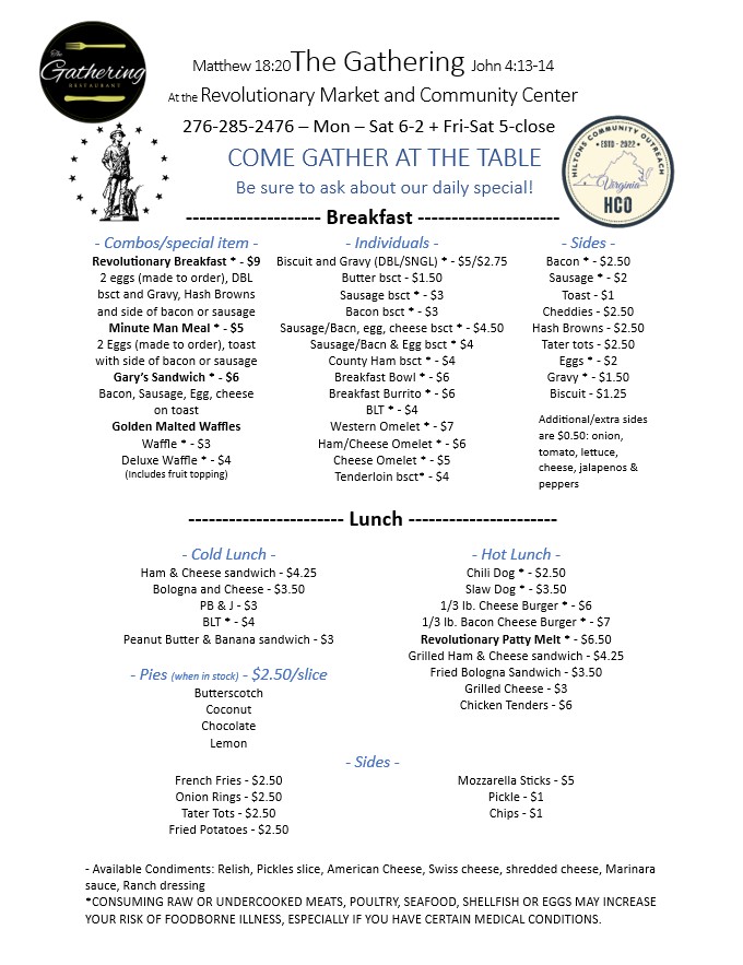 Revolutionary Market and Community Center Menu