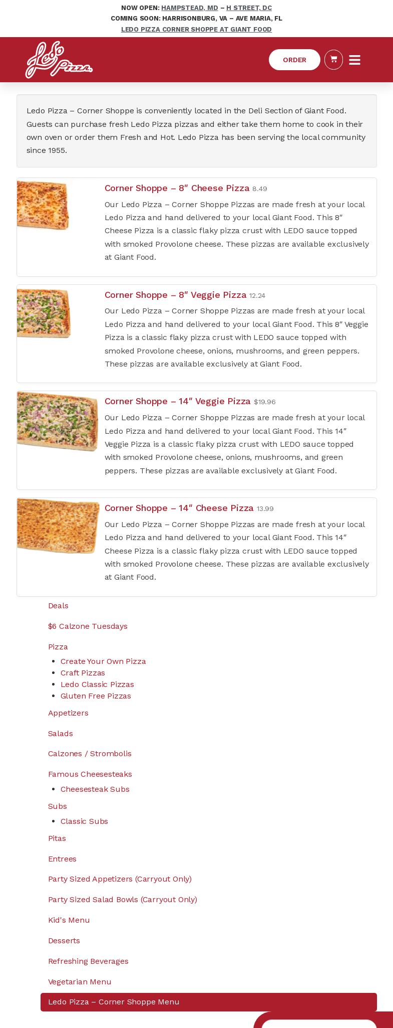 Giant Food - Ledo Pizza Corner Shoppe Menu