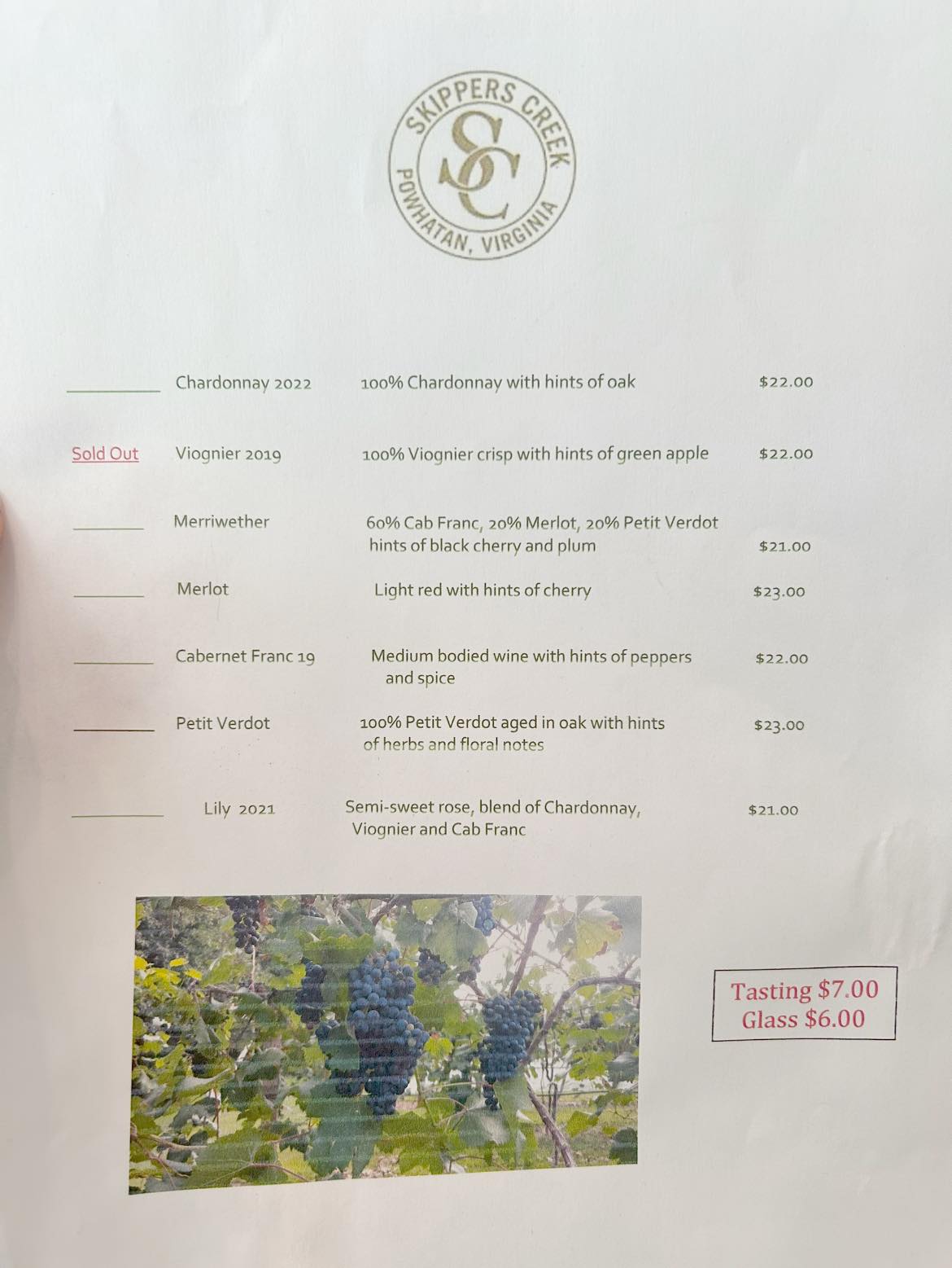 Skippers Creek Vineyard Menu