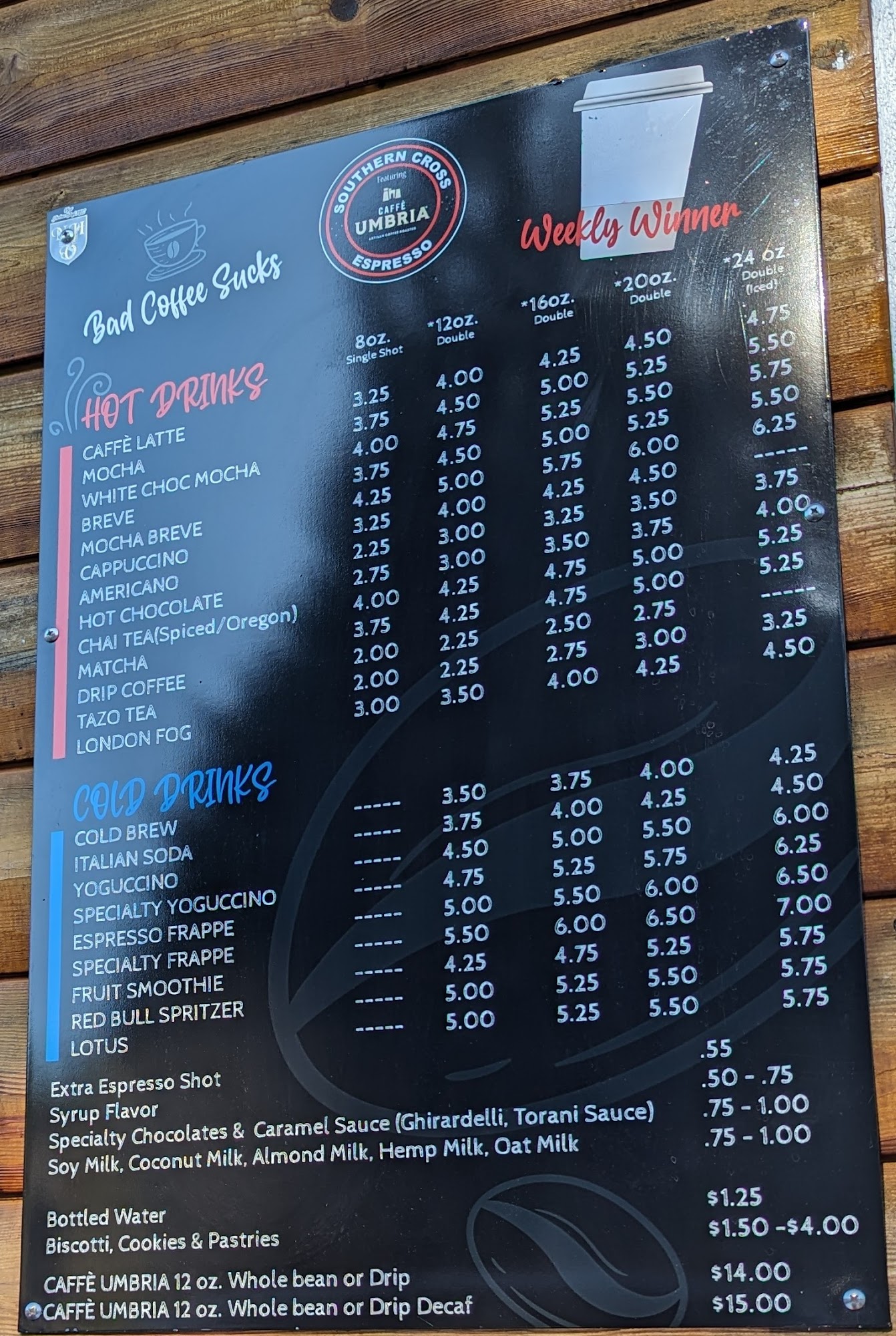 Southern Cross Too Menu