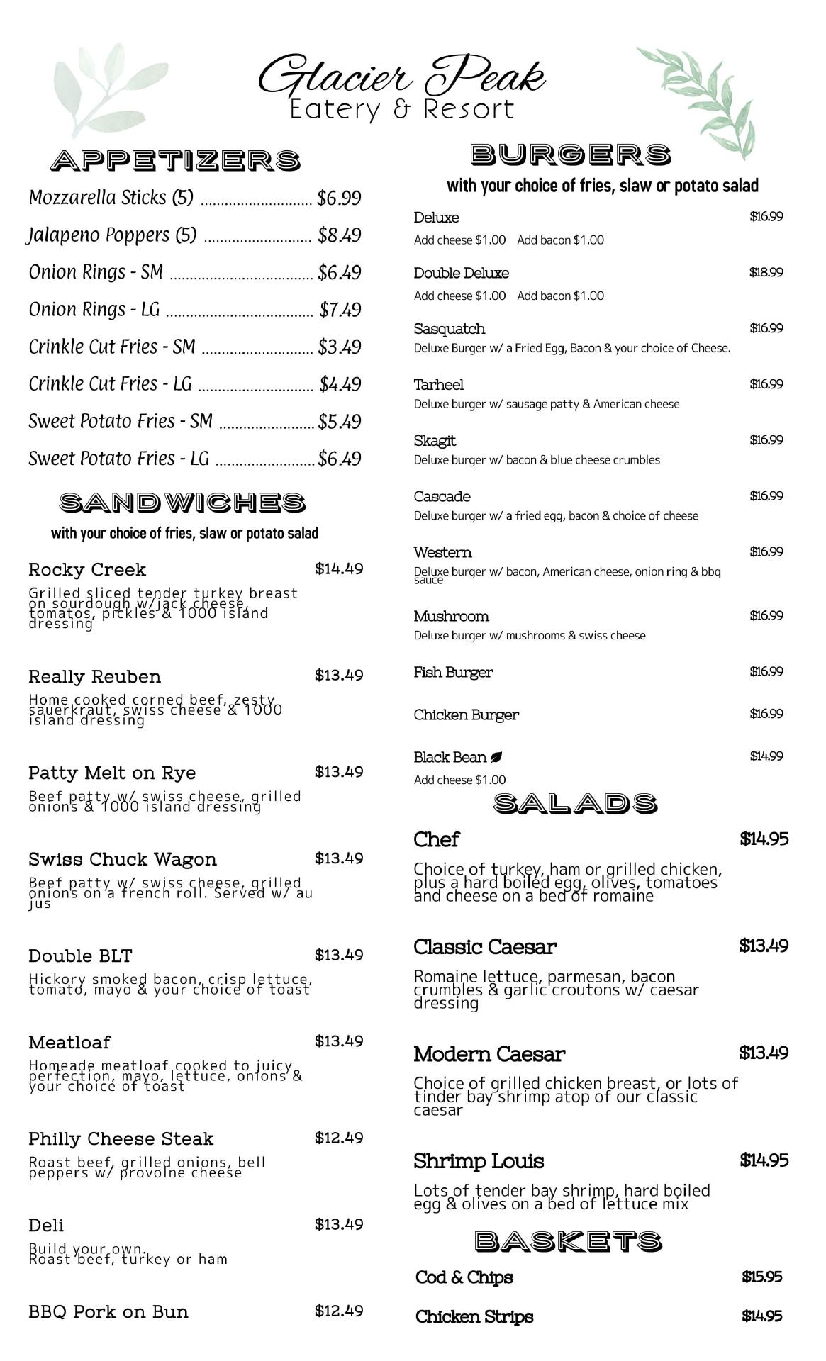 Glacier Peak Winery Menu