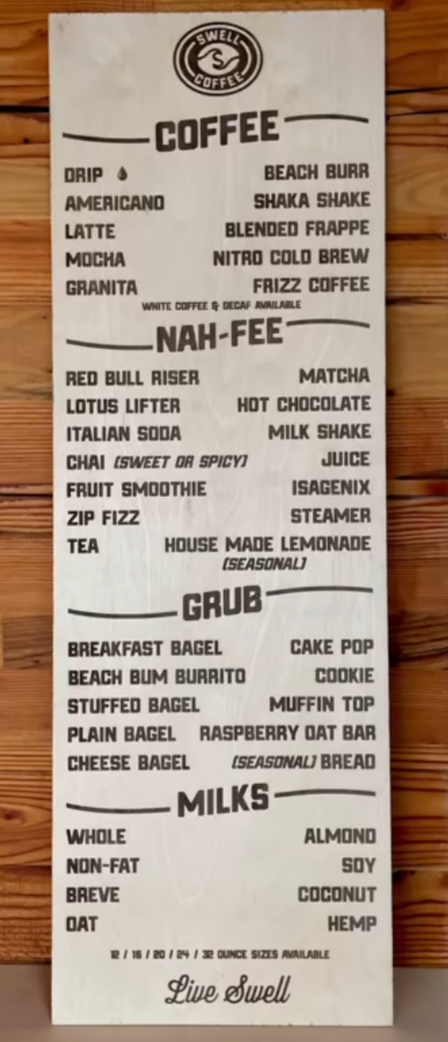 Swell Coffee Menu