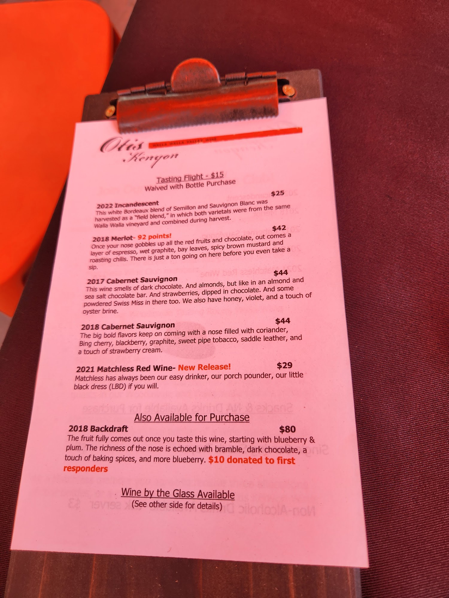 Otis Kenyon Wine Menu