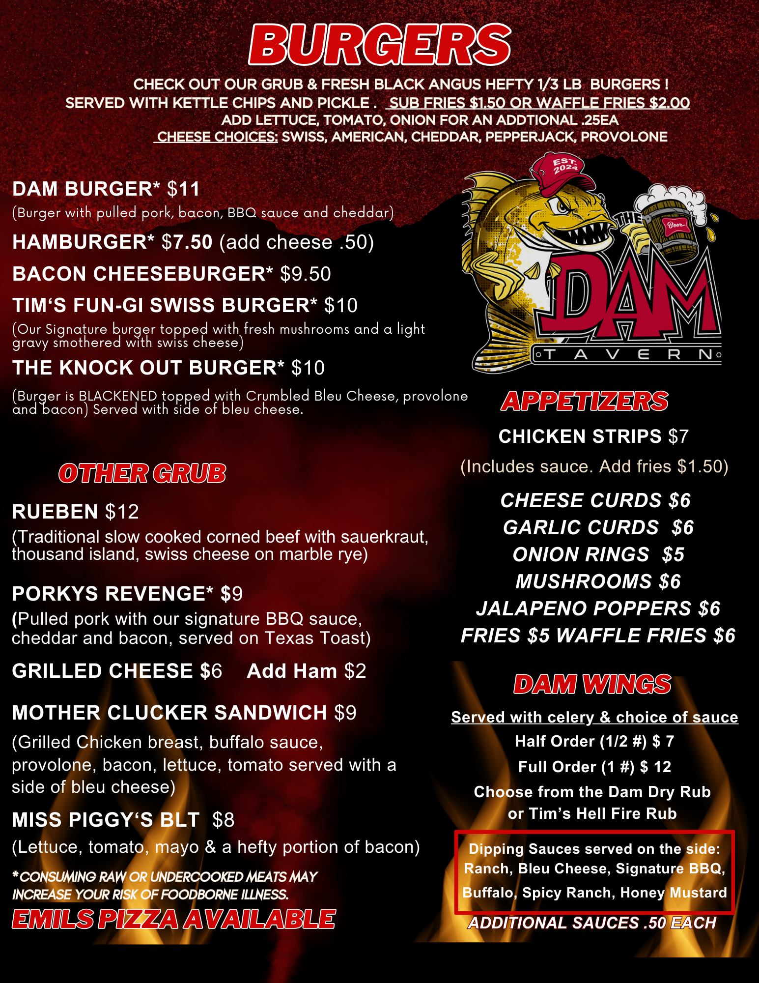 The Dam Tavern Menu