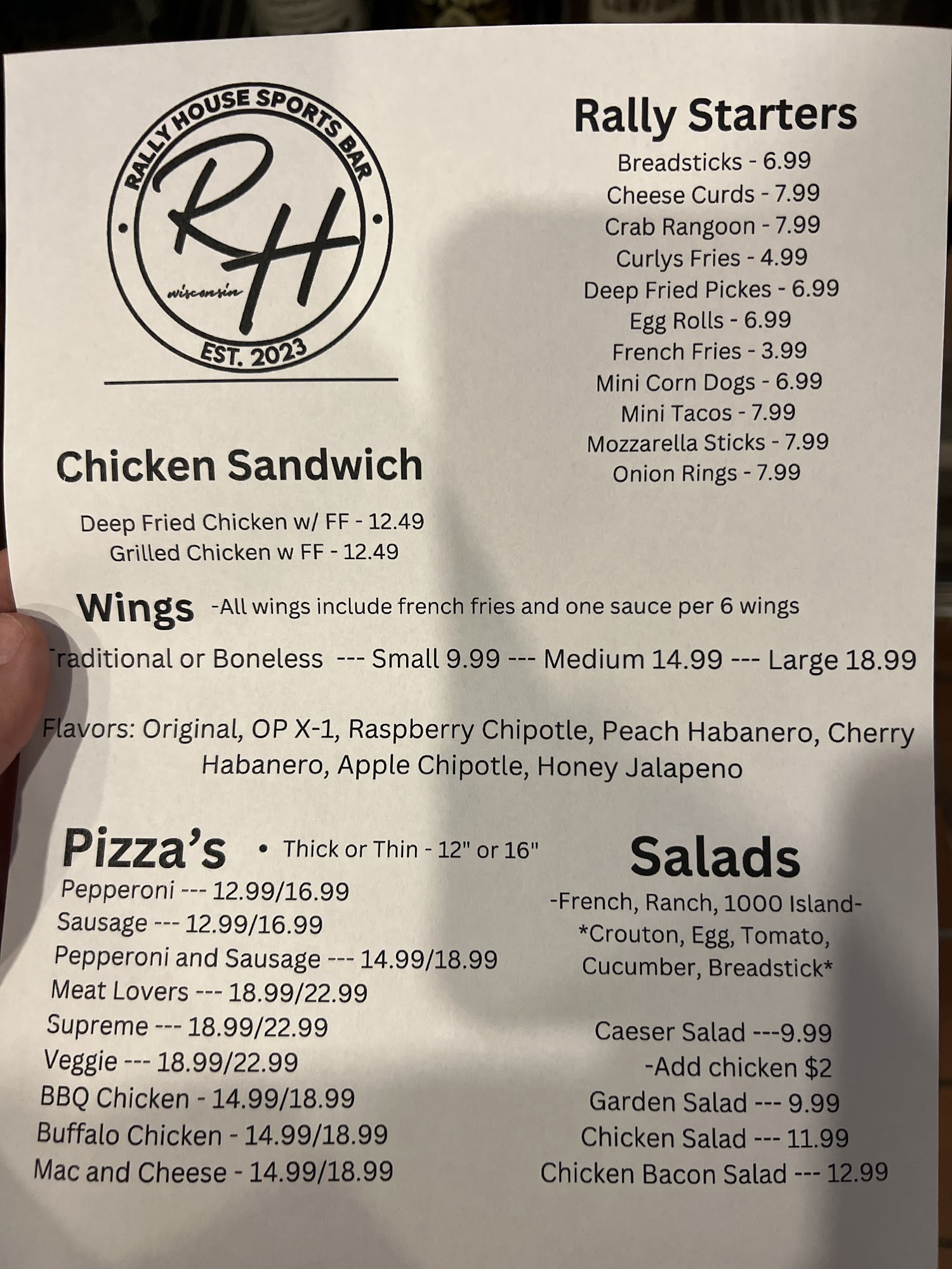 Rally House Sports Bar Menu