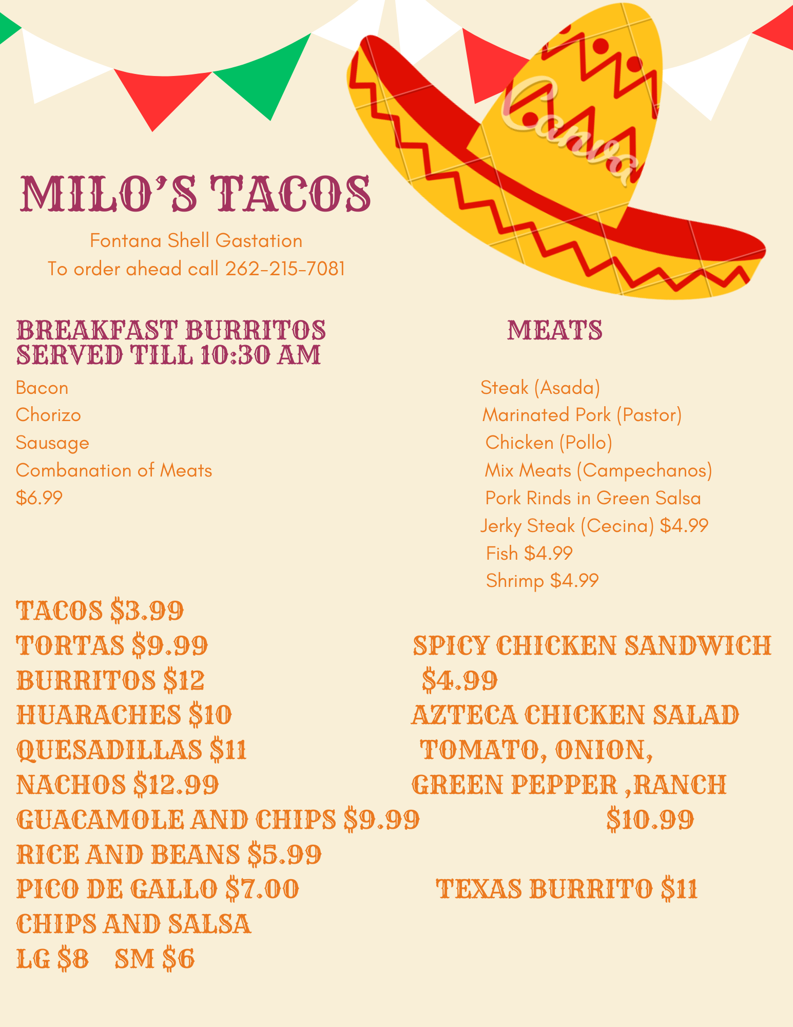 Milo's Taco's Menu